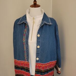Southwestern Artsy Aztec Embroidered Denim Jacket 100% Cotton Women L